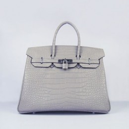Hermes Birkin 35Cm Crocodile Stripe Handbags Grey Silver